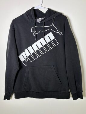 Puma Men’s Large Black Hoodie with White Diagonal Logo